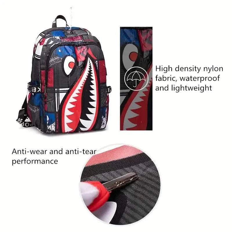 Patterned Shark Nylon Student Backpack
